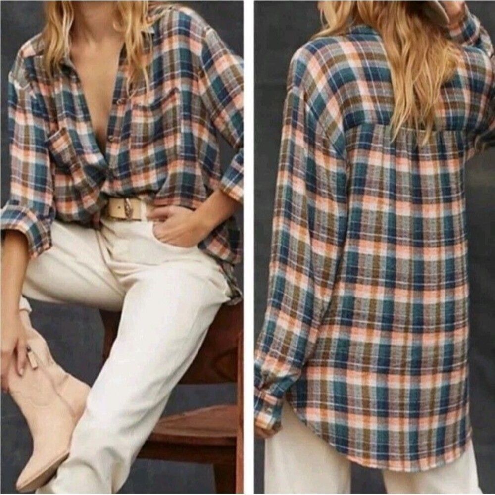Pilcro Hadley Plaid Button-Front Lightweight Shirt in Peach & Teal